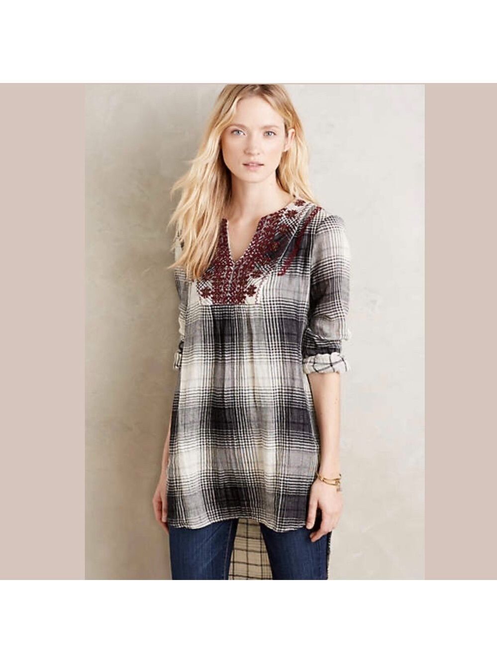ANTHROPOLOGIE FLOREAT 100% Cotton Black & Ivory Plaid Tunic Top Embroidered M